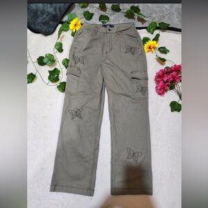 Hollister Women's Khaki Cargo Pants with Butterfly Design